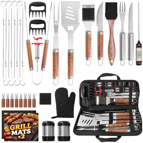 Kaluns 35PC BBQ Grill Tools Set – Heavy Duty Stainless Steel Grill Accessories Kit with Case, Meat Thermometer, Injector, Claws & Mats for Dad, Men by Kaluns%C2%AE