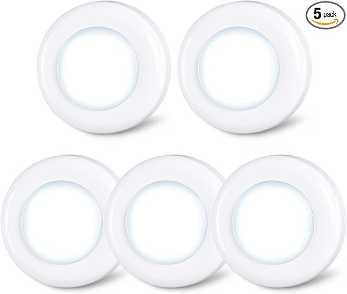 STAR-SPANGLED Push Tap Light, 2.8” Mini Night Touch LED Puck Lamp, Portable Under Cabinet Lighting AAA Battery Operated Powered, DIY Stick On Lights for Closet, Counter, Kitchen, Cool White, 5 Pack