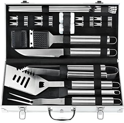 POLIGO 22PCS Heavy Duty BBQ Grill Accessories Set, Non-Slip Grill Tools for Outdoor Grill Set Stainless Steel Grill Utensils Set, Deluxe Grilling Tools Set in Aluminum Case Ideal Gifts for Men Silver by POLIGO