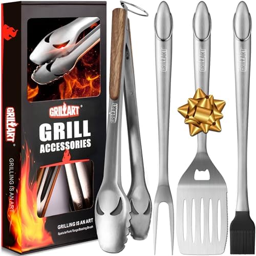 GRILLART BBQ Tools Grill Tools Set -18Inch Grilling Tools BBQ Set - Grill Accessories w/BBQ Tongs, Spatula, Fork, Brush- Stainless Grill Kit Grilling Set - Gift Ideas BBQ Accessories Gifts for Men Dad by GRILLART