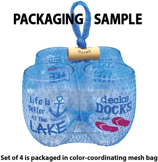 Set of 4 Shatterproof Designer 16 oz Plastic Wine Glasses MADE in the USA (ON LAKE TIME)
