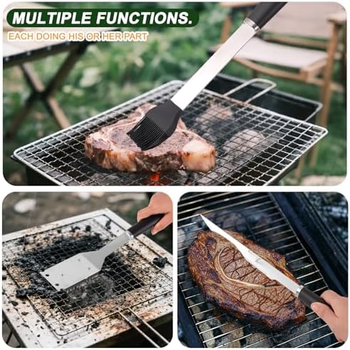 Grilling Accessories Set Spatula Fork Cleaning Brush Food Tongs Carving Knife Basting Brush Durable Stainless Steel BBQ Grill Tools with Extra Thick Storage Case BBQ Accessories Grill Set - Image 4