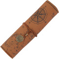 GORGECRAFT PU Leather Pencil Bag Strap Vintage Treasure Map Compass Cover Rollup Storage Organizer Retro Portable Stationery Pouch Pen Bag Wrap Roll Case Holder for Artist Drawing Makeup Light Camel