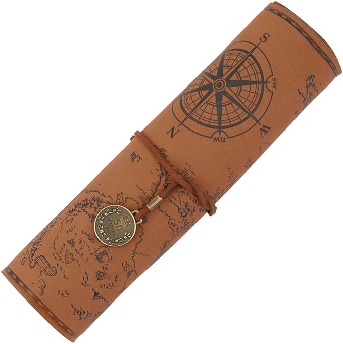 GORGECRAFT PU Leather Pencil Bag Strap Vintage Treasure Map Compass Cover Rollup Storage Organizer Retro Portable Stationery Pouch Pen Bag Wrap Roll Case Holder for Artist Drawing Makeup Light Camel