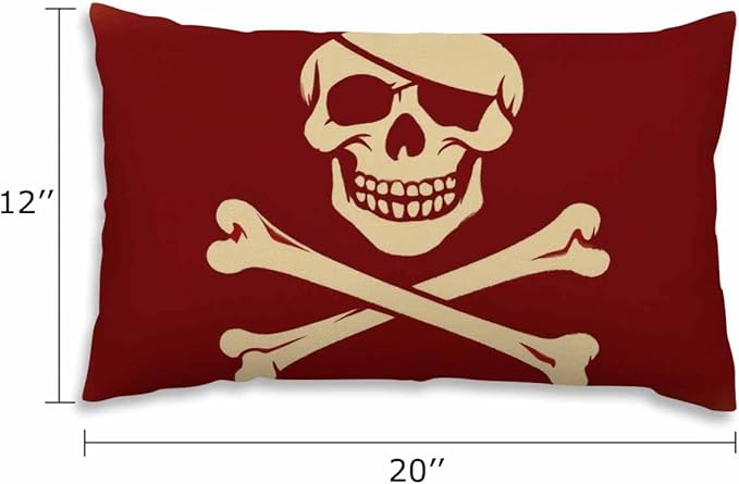 EKOBLA Red Skull Rectangle Pillow Covers One Eyed Creepy Pirate Skeleton Crossbones Retro Smile Rustic Waist Rectangle Throw Pillow Case Cotton Linen for Men Women Sofa Home Decoration 12x20 Inches