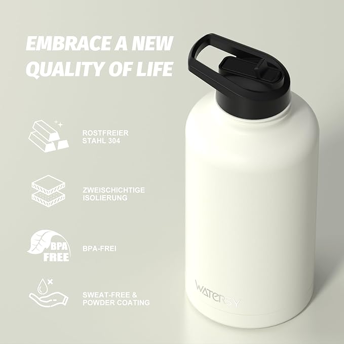 64oz Insulated Water Bottle (Cold for 48 Hrs),BPA Free&Leak Proof,Half Gallon Stainless Steel Water Flask,Water Jug with Straw Spout Lids for Gym,Hiking,Camping,White