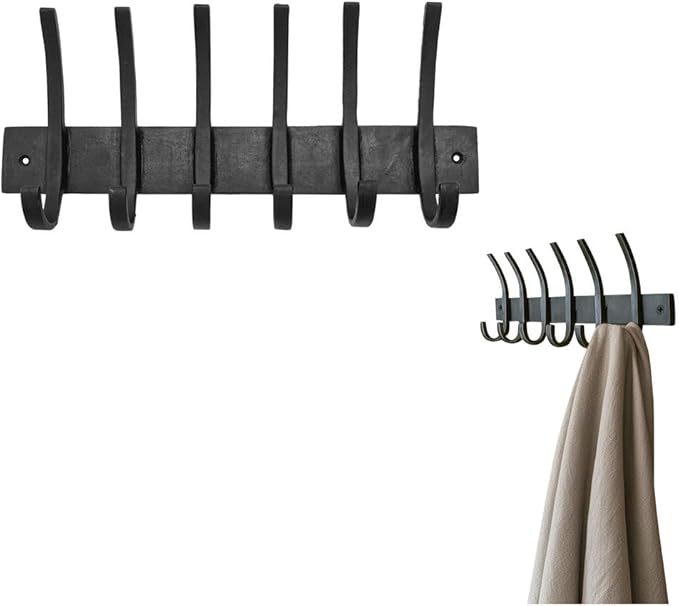 Mystic Colonial Rustic Cast Iron Wall Rack with 6 Blackened Hooks � Heavy Duty Vintage Utility Hanger for Coats, Towels, Hats & Bags � Size: 32.5?cm ? 14.4?cm, Mounting Hardware Included