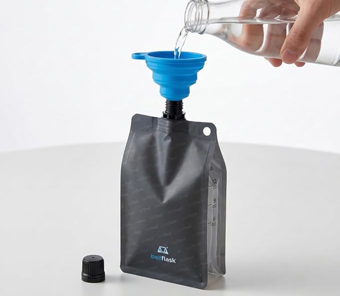 BellFlask - 15 oz. Flask, Patented, Flexible, Metal-Free, Reusuable, Plastic, BPA-Free with Carabiner Clip and Filling Funnel