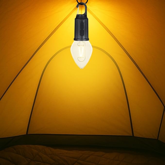 Rechargeable Camp Light, Warm White LED Teardrop Bulb, Battery Powered with USB-C, Shatterproof Globe on Carabiner, 3 Brightness Levels
