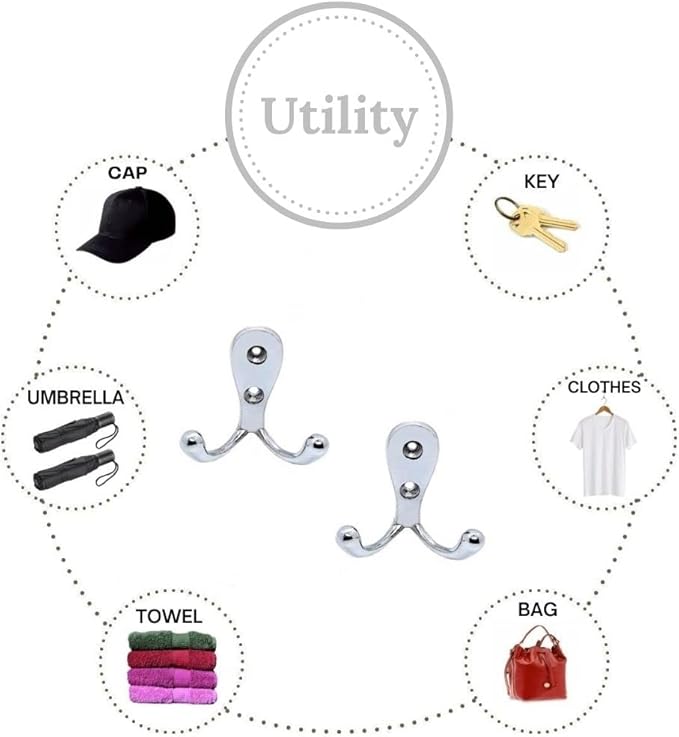 FAPBADRI Multipurpose Hooks, Used to Hang Clothes, Bags, Coats, Curtain Hold Backs, Keys, Colour - Silver, Material - White Metal, Screws and Wallplugs Included, Pack of 4 Pieces