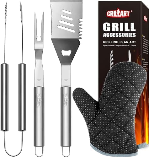 GRILLART Grill Tools Grill Utensils Set - 3PCS BBQ Tools, Stainless Barbeque Grill Accessories -Spatula/Tongs/Fork w/Insulated Glove, Ideal BBQ Set Grilling Tools for Outdoor Grill, Gifts for Men Dad by GRILLART