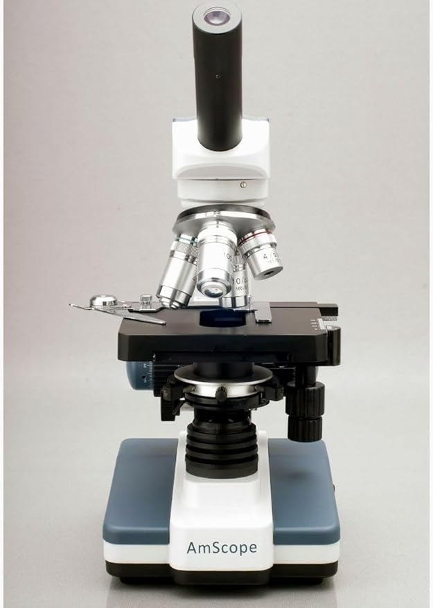 AmScope M620B Compound Monocular Microscope, WF10x and WF20x Eyepieces, 40x-2000x Magnification, Brightfield, LED Illumination, Abbe Condenser, Mechanical Stage, 110V