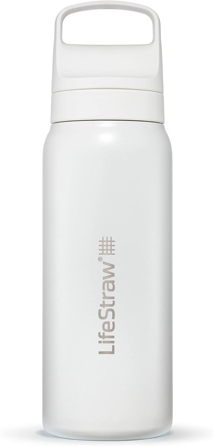 LifeStraw Go Series — Insulated Stainless Steel Water Filter Bottle for Travel and Everyday Use Removes Bacteria, Parasites and Microplastics, Improves Taste, 24oz Polar White
