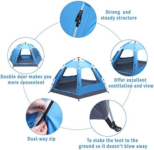 Family Camping Pop Up Tent, 3-4 Person Automatic Instant Tent with Shelter, Double Layers Waterproof, Windproof, Anti-UV with Carry Bag for Backpacker, Beach, Outdoor, Traveling, Hiking - Image 5