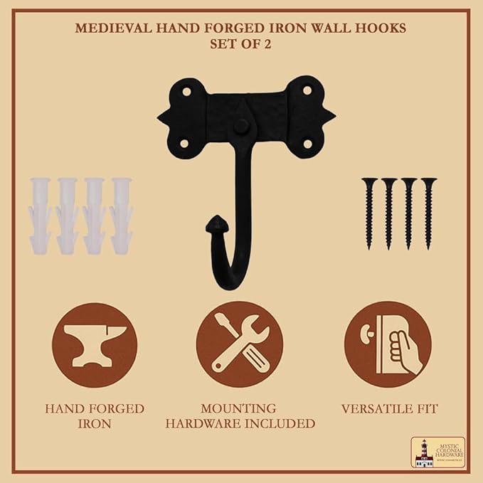 Mystic Colonial Hand-Forged Iron Wall Hooks – Set of 2 (4×5 in)