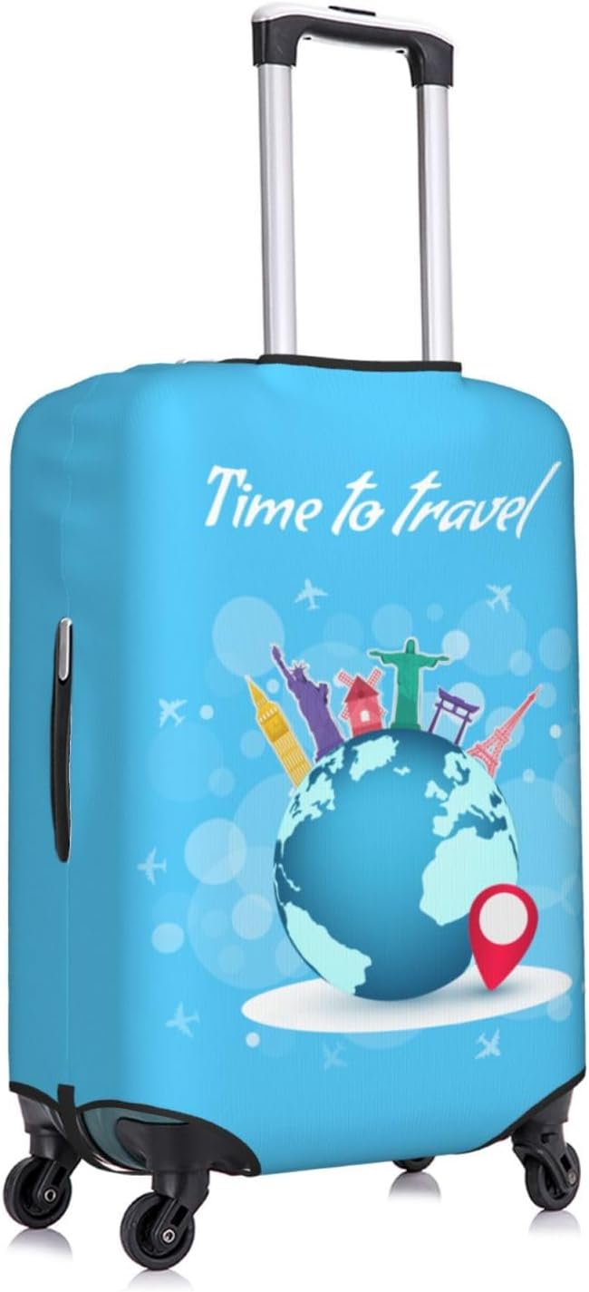 Travel Luggage Cover with Time to Travel Print, World Landmarks Design, Elastic Suitcase Protector for Suitcases (Fits 25-28 Inch Luggage)