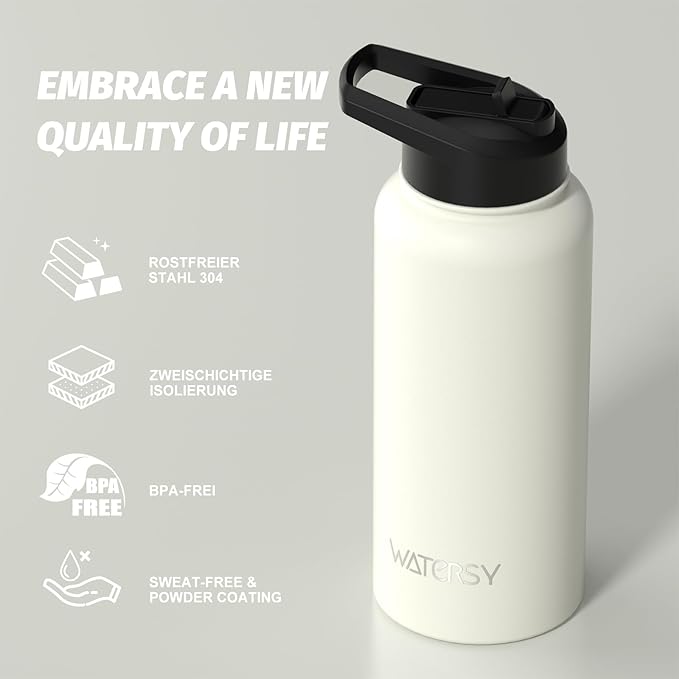32oz Insulated Water Bottle (Cold for 48 Hrs),BPA Free&Leak Proof,Stainless Steel Water Flask,Water Jug with Straw Spout Lids for Gym,Hiking,Travel,White