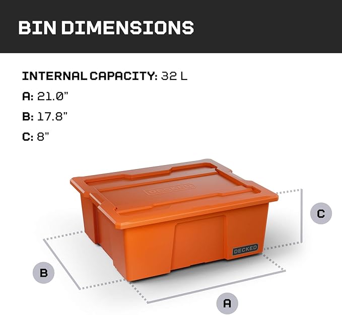 DECKED Payloader 32 L (3-Pack) - 75 lb Bin / 200 lb Lid Load Rated, Heavy-Duty Stackable Storage Bins, Fits Drawer System & Tool Box - Blaze Orange