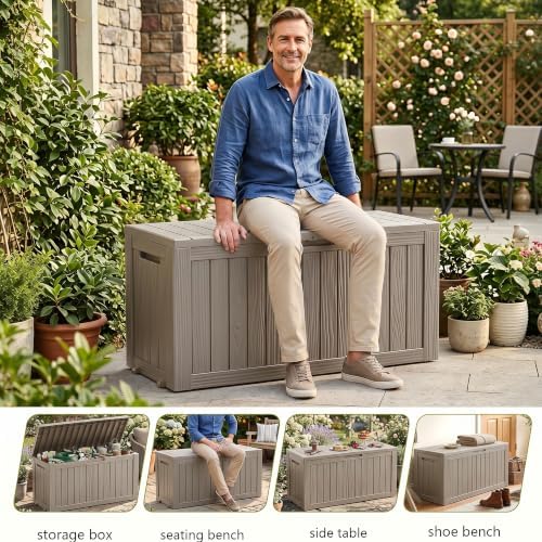 EasyUp 165 Gal Resin Deck Box, Waterproof Lockable Outdoor Storage, Grey - Image 4
