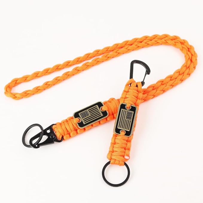 2pcs Heavy Duty Braided Paracord Lanyard Keychains with USA Flag, Parachute Rope Necklace for Outdoor Activities