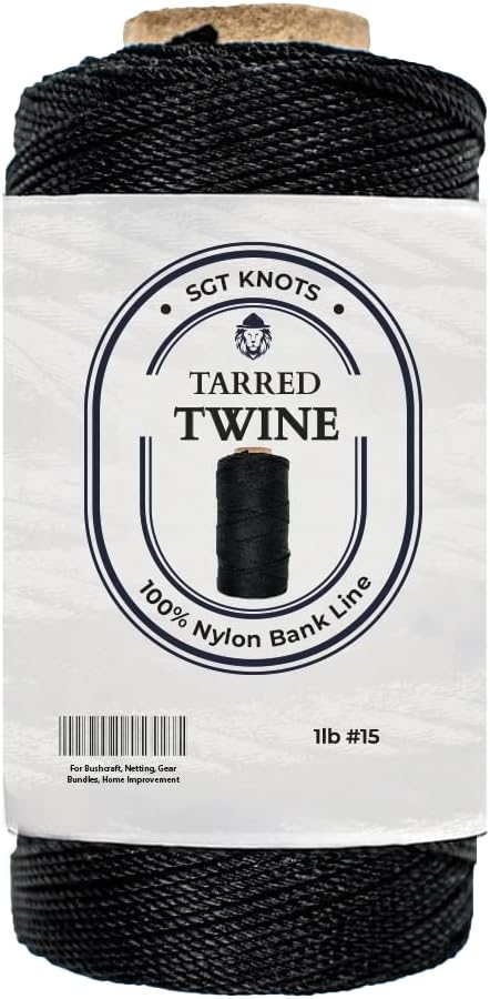 SGT KNOTS Tarred Twine - 100% Nylon Bank Line for Bushcraft, Netting, Gear Bundles, Construction, Lacing Twisted Cord, Weatherproof #15-1 lb