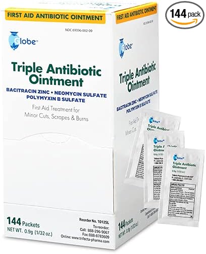 Globe (144 Pack) Triple Antibiotic Ointment 0.9g Single Packet, First Aid Kit for Minor Scratches, Wounds, Cuts and Burns, Prevents Infection Active Ingredients Compare to Leading Brand, Travel Size