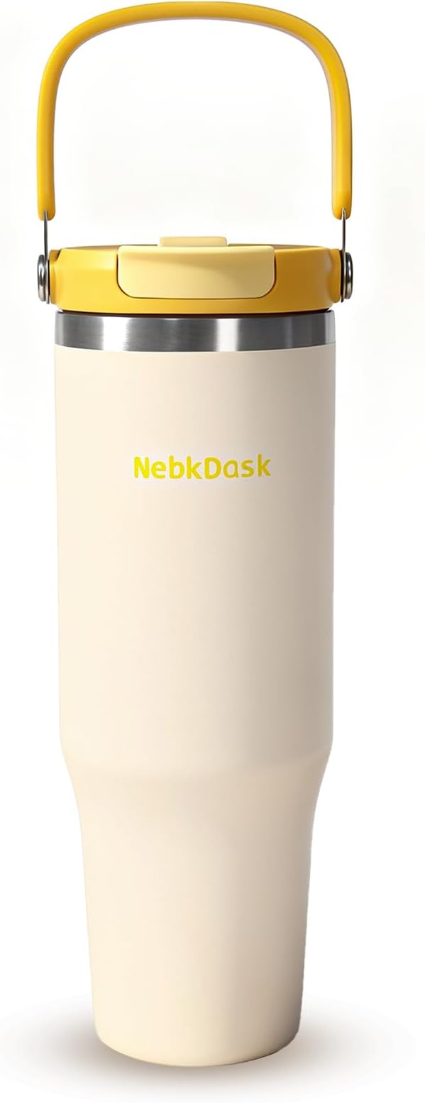 40 oz Insulated Stainless Steel Bottle with 2-in-1 Straw and Spout Lid, Water Bottle with Carry Handle Keep Cold 24H, Leak-Proof, Fits in Car Cup Holder, Travel, and School（off-White）