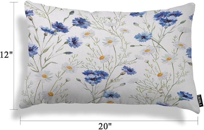 EKOBLA Watercolor Flowers Decorative Pillow Case Throw Pillow Covers Blue Cornflower Daisy Spring Linen Lumber Decorative Throw Cushion Cover Pillowcases for Bed Sofa Oblong Rectangle 12x20
