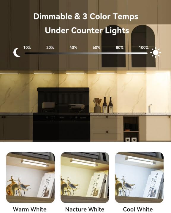 Under Cabinet Lighting 8 Inch 6-Pack, Rechargeable Motion Sensor Light Indoor, Dimmable Closet Lights 3 Color Temps, Wireless Under Counter Lights for Kitchen, Stairs