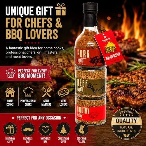 Topline BBQ Rub Gift Set for Men – Pork, Beef & Poultry Meat Seasoning Trio, Dry Rub Spice for Grilling, Smoking & Cooking Steak, Rib, Brisket & Chicken, Barbecue Grill Master Father’s Day Gift, Dad - Image 4