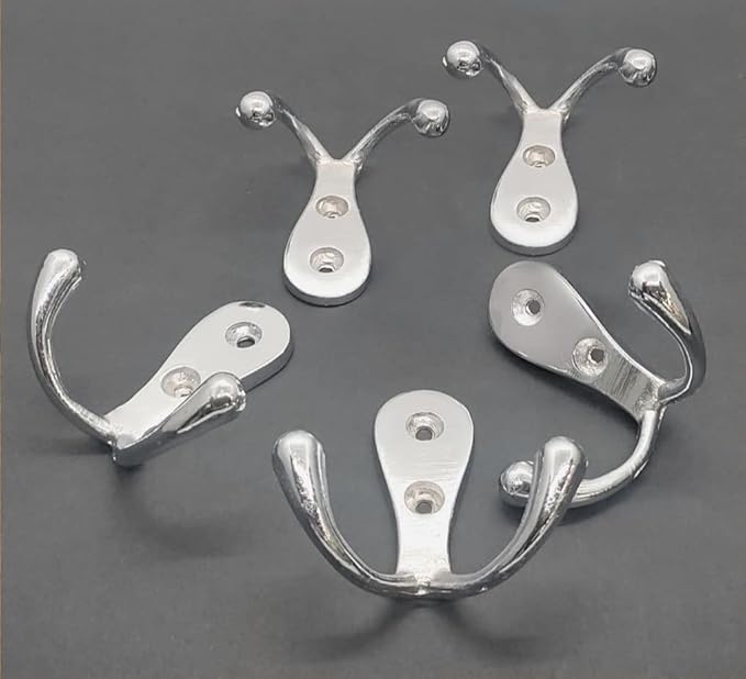 FAPBADRI Multipurpose Hooks, Used to Hang Clothes, Bags, Coats, Curtain Hold Backs, Keys, Colour - Silver, Material - White Metal, Screws and Wallplugs Included, Pack of 2 Pieces