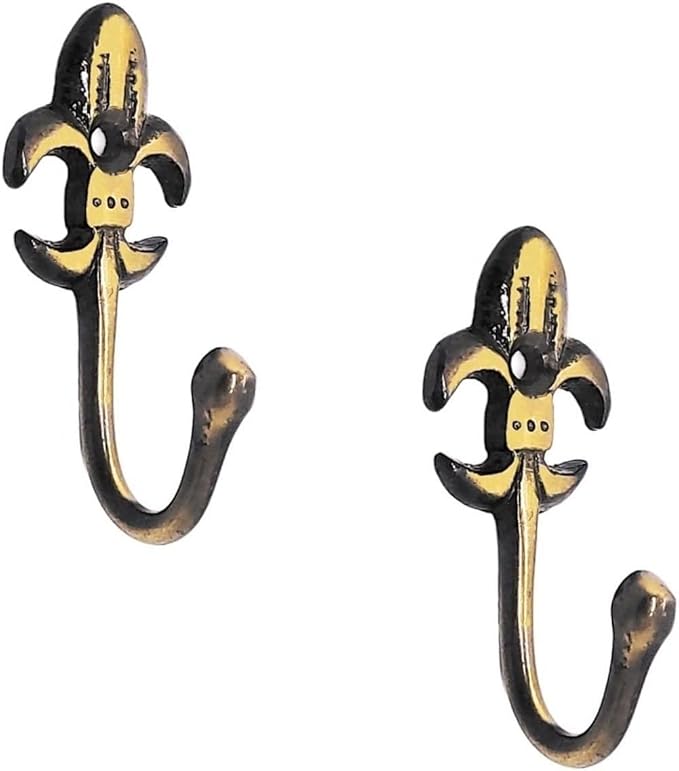 FAPBADRI Multipurpose Hooks, Used to Hang Clothes, Bags, Coats, Curtain Hold Backs, Keys, Colour - Antique Gold, Material - Brass, Royal Design, Screws and Wallplugs Included, Pack of 2 Pieces
