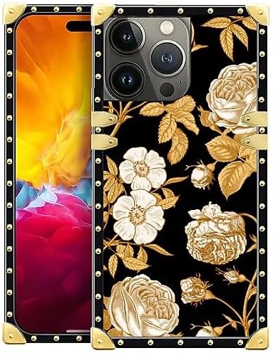Compatible with iPhone 15 Pro Max Case, Blooming Rose Golden Flower Luxury Golden Decoration for Girl Women Soft TPU Shockproof Protective Hard PC Back for iPhone 15 Pro Max