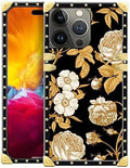 Compatible with iPhone 15 Pro Max Case, Blooming Rose Golden Flower Luxury Golden Decoration for Girl Women Soft TPU Shockproof Protective Hard PC Back for iPhone 15 Pro Max