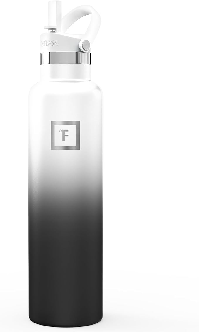 IRON °FLASK Camping & Hiking Hydration Flask with Straw, Narrow Mouth Insulated Stainless Steel Sports Water Bottle - Day & Night 24 oz - Straw (1 Lid)