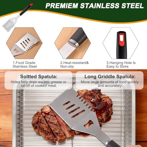 Grilling Accessories Set Spatula Fork Cleaning Brush Food Tongs Carving Knife Basting Brush Durable Stainless Steel BBQ Grill Tools with Extra Thick Storage Case BBQ Accessories Grill Set - Image 6