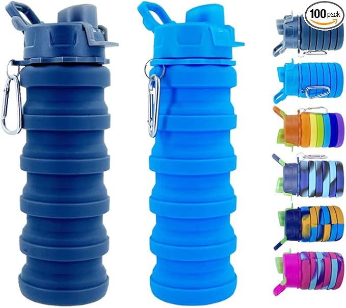 Collapsible Water Bottles 2 Pack Silicone Water Bottle with Carabiner Expandable Water Bottle 500ml Portable Sport Water Bottle for Travel Camping.(Black+Blue)