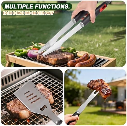 Grilling Accessories Set Spatula Fork Cleaning Brush Food Tongs Carving Knife Basting Brush Durable Stainless Steel BBQ Grill Tools with Extra Thick Storage Case BBQ Accessories Grill Set - Image 5