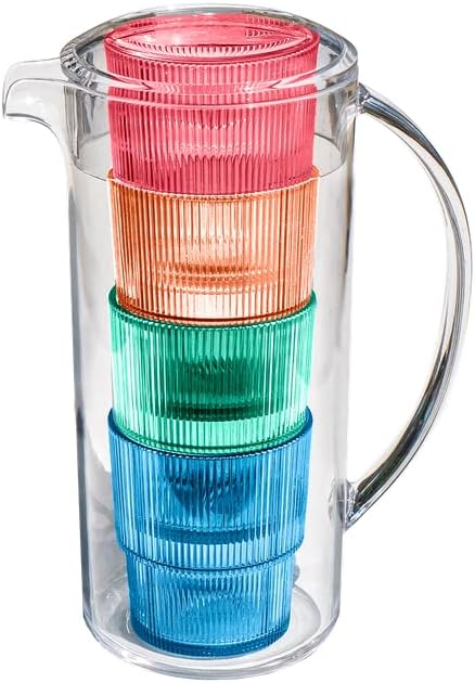 Fine Ribbed Glasses & Pitcher - Multicolor - Set of 5