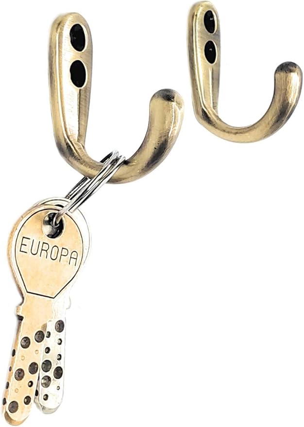 FAPBADRI Multipurpose Hooks, Used to Hang Clothes, Bags, Coats, Curtain Hold Backs, Keys, Antique Gold Colour, Material - White Metal, Screws and Wallplugs Included, Pack of 2 Pieces