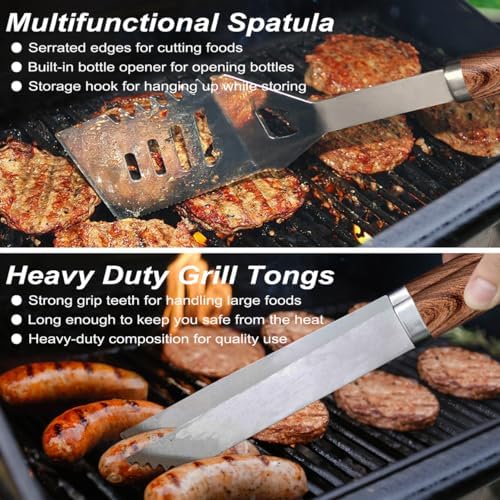 POLIGO 22PCS Heavy Duty BBQ Grill Accessories Set, Non-Slip Grill Tools for Outdoor Grill Set Stainless Steel Grill Utensils Set, Deluxe Grilling Tools Set in Aluminum Case Ideal Gifts for Men Brown - Image 4