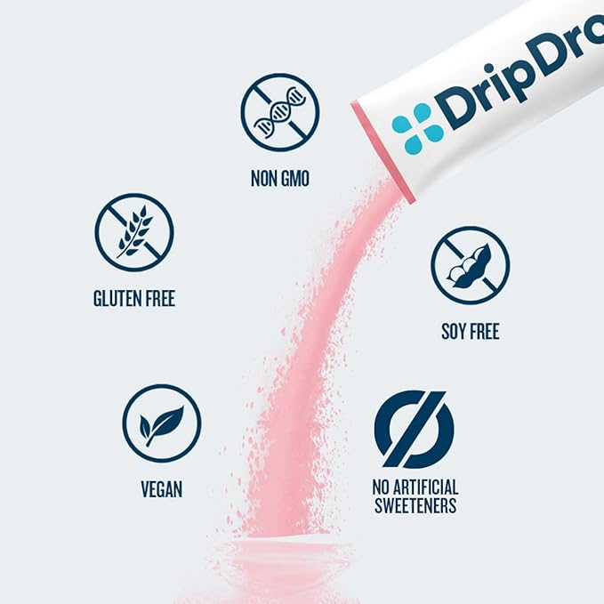 DripDrop Zero Sugar Plus - Sugar Free Hydration Packets - Single Serve Electrolytes Powder Drink Mix - Strawberry Kiwi, Peach, Cherry Limeade, Wild Berry - Non-GMO, Vegan - 16 Sticks