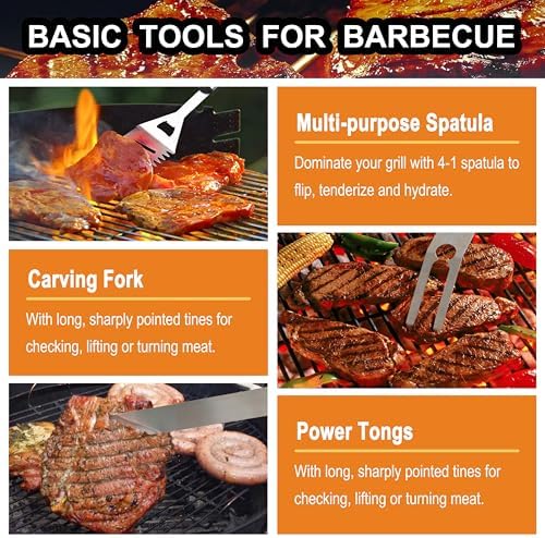grilljoy 24PCS BBQ Grill Tools Set with Meat Thermometer and Injector - Extra Thick Stainless Steel Fork, Spatula& Tongs - Complete BBQ Accessories in - Perfect Grill Gifts for Father's Day - Image 4