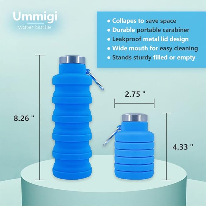 Collapsible Water Bottles，2 pack BPA Free Travel Silicone Water Bottle with Carabiner，17oz Reusable Foldable Lightweight Portable Sports Water Bottle for Travel Gym Camping Hiking