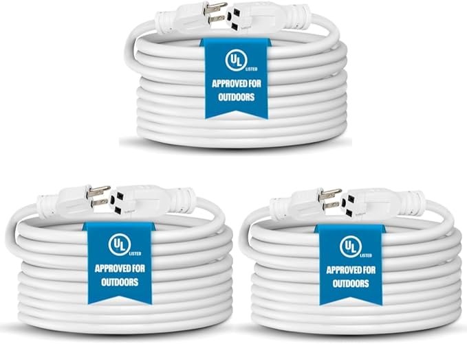 Heavy Duty Extension Cord/Wire Power Cable, Indoor/Outdoor, 16/3, Single Outlet, 20 Feet, UL Listed, White 3 Pack