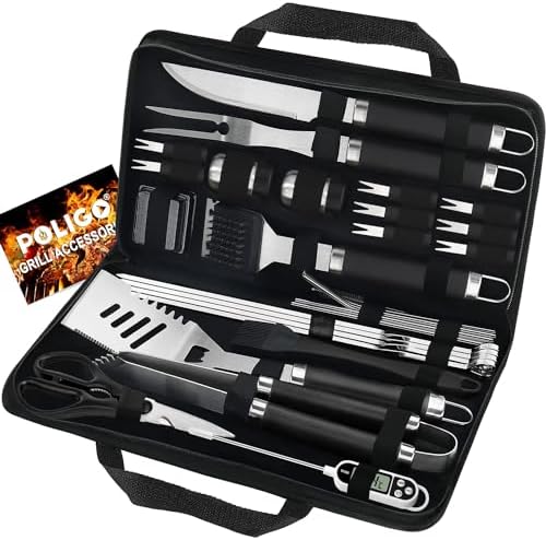 POLIGO 29 PCS BBQ Grill Accessories Stainless Steel BBQ Tools Grilling Tools Set with Storage Bag for Fathers Day Dads Birthday Presents - Camping Grill Utensils Set Ideal Grilling Gifts for Men Black by POLIGO