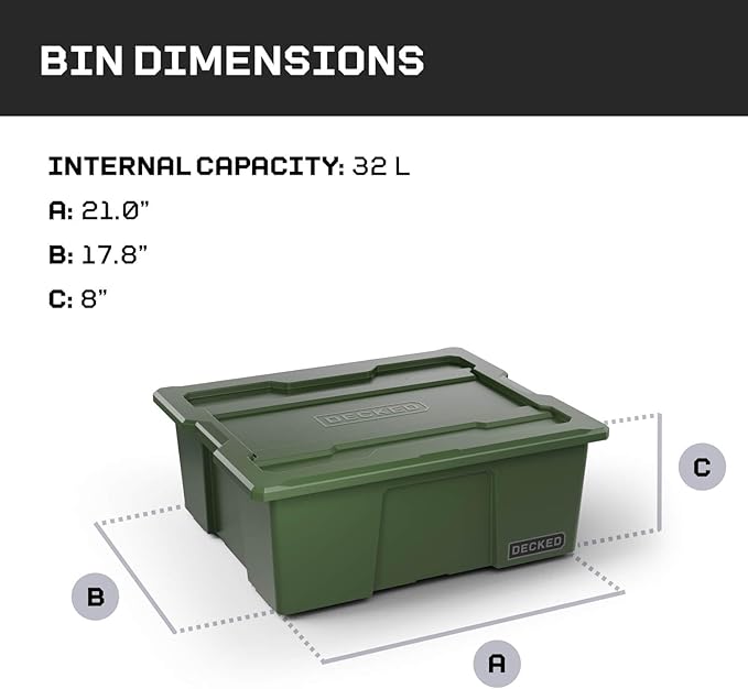 DECKED Payloader 32 L (3-Pack) - 75 lb Bin / 200 lb Lid Load Rated, Heavy-Duty Stackable Storage Bins, Fits Drawer System & Tool Box - Ranger Green