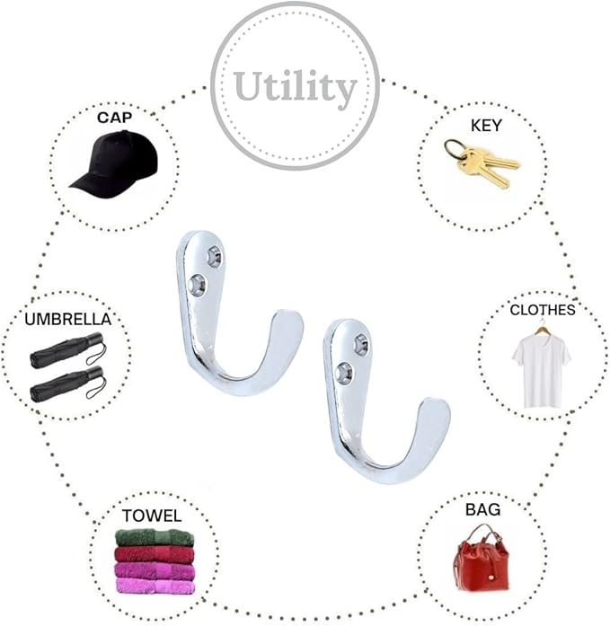 FAPBADRI Multipurpose Hooks, Used to Hang Clothes, Bags, Coats, Curtain Hold Backs, Keys, Silver Colour, Material - White Metal, Screws and Wallplugs Included, Pack of 2 Pieces