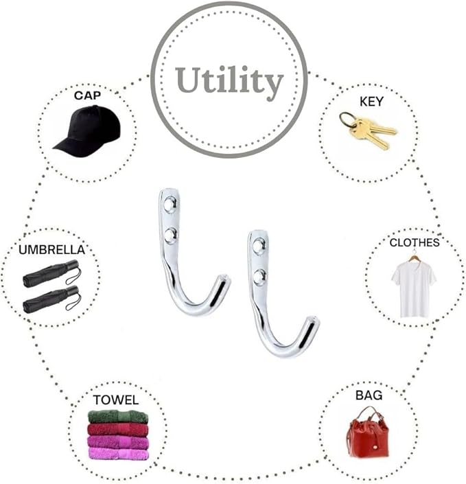 FAPBADRI Multipurpose Hooks, Used to Hang Clothes, Bags, Coats, Curtain Hold Backs, Keys, Colour - Silver, Material - Stainless Steel, Screws and Wallplugs Included, Pack of 2 Pieces