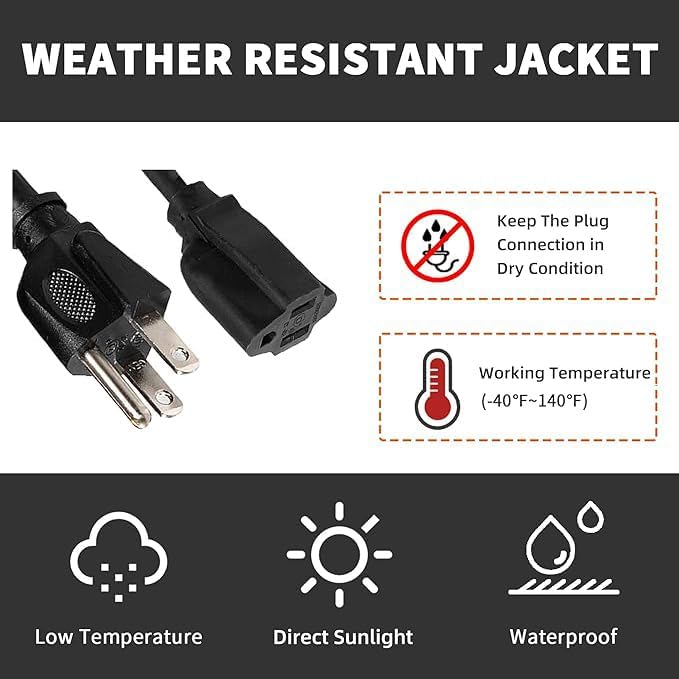 Indoor Outdoor Extension Cord Weatherproof, UL Certified, 10 Gauge 10FT Black 3 Prong Heavy Duty, 10/3 SJTW 15A Power Cord for Outdoor Lights, Appliances, Lawn